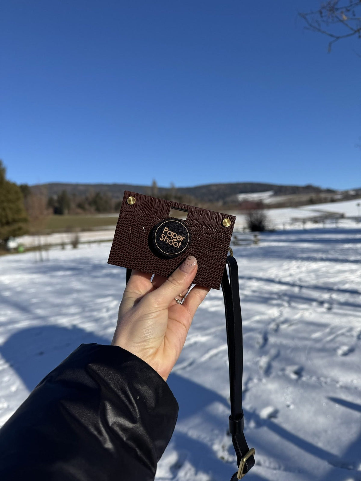 Un appareil Paper Shoot marron tenu devant un paysage enneigé